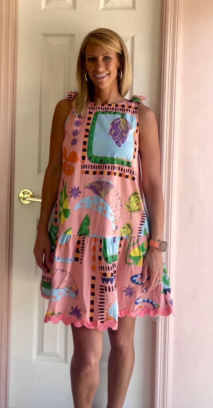 Coral Tropical Print Cotton Dress