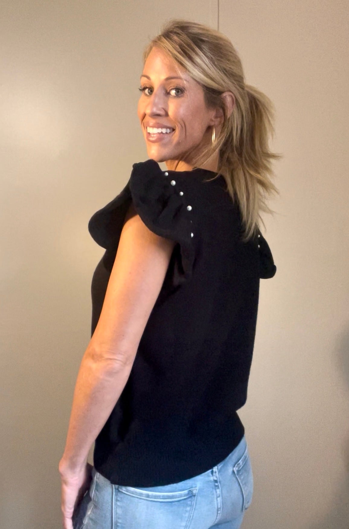Flutter Ruffle Sleeve Knit Top With Pearl Detail