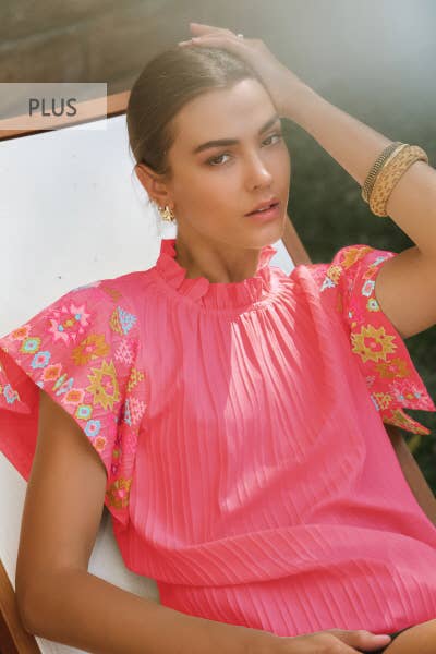 Plus Embroidered Flutter Ruffle Sleeve Top