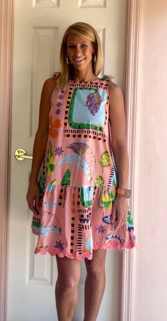 Coral Tropical Print Cotton Dress