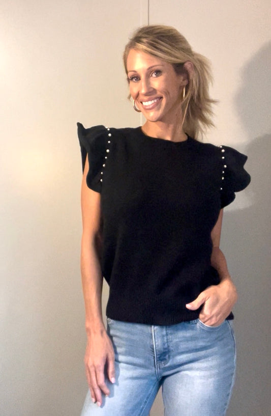Flutter Ruffle Sleeve Knit Top With Pearl Detail