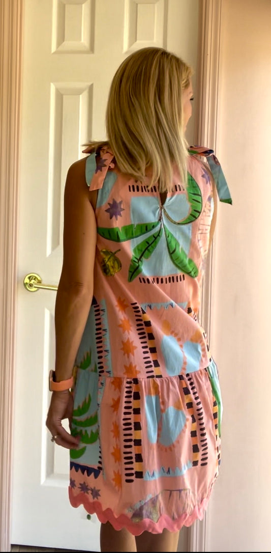 Coral Tropical Print Cotton Dress