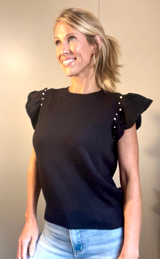 Flutter Ruffle Sleeve Knit Top With Pearl Detail